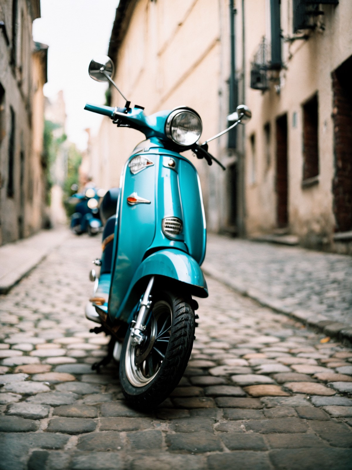 vintage scooters, masterpieces, classic design, blue scooter focus, shallow depth field, analog photography, warm color pa...